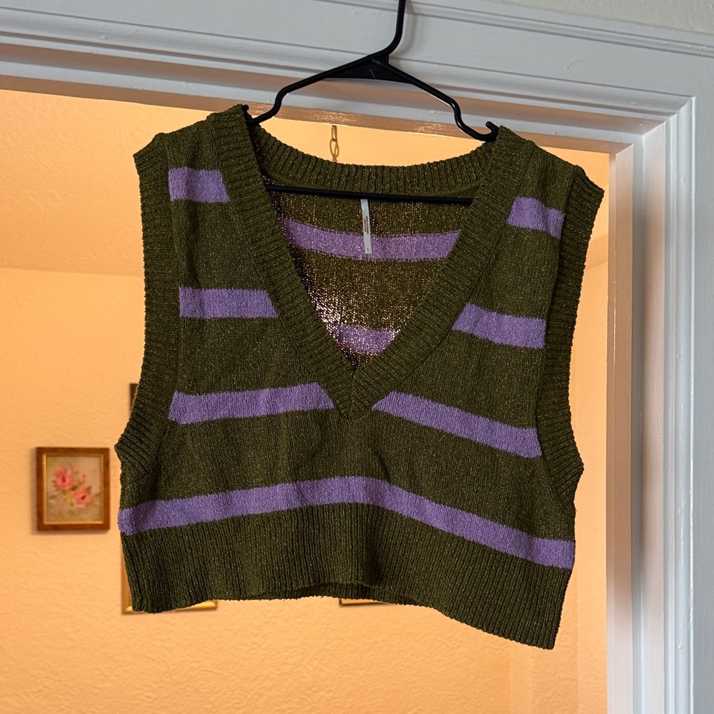 Free People Striped Olive and Purple Knit Vest